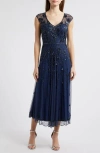 Pisarro Nights Beaded Sleeveless Chiffon Evening Dress In Navy