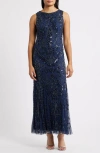 Pisarro Nights Beaded Sleeveless Gown In Blue