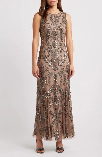 Pisarro Nights Beaded Sleeveless Gown In Mocha 229