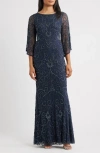 Pisarro Nights Beaded Three Quarter Sleeve Gown In Blue