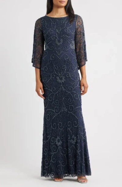 Pisarro Nights Beaded Three Quarter Sleeve Gown In Blue