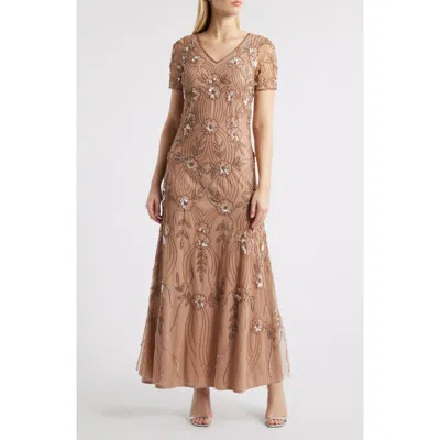 Pisarro Nights Beaded Tulle Gown In Mocha