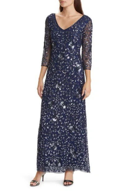 Pisarro Nights Beaded V-neck Sheer Sleeve Cocktail Dress In Navy/gunmetal 421