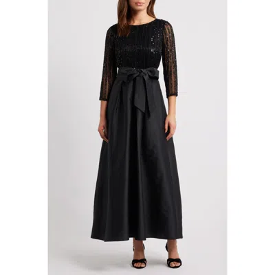 Pisarro Nights Bow Long Sleeve Sequin & Taffeta Gown In Black