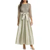 Pisarro Nights Bow Long Sleeve Sequin & Taffeta Gown In Silver