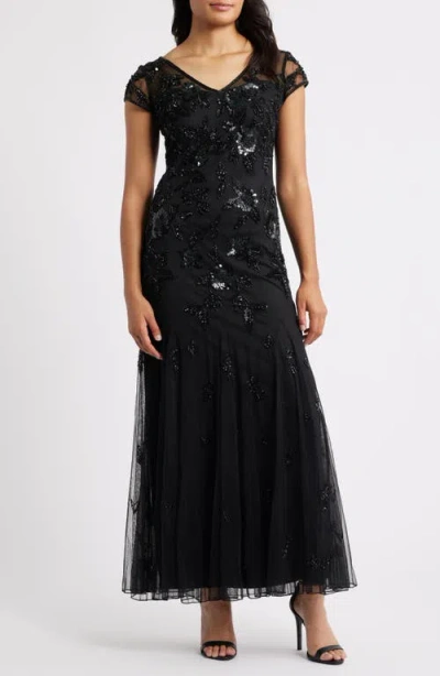 Pisarro Nights Embellished Illusion Sleeve Cocktail Dress In Black