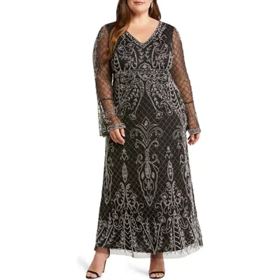 Pisarro Nights Embellished Sheer Long Sleeve Gown In Black/silver