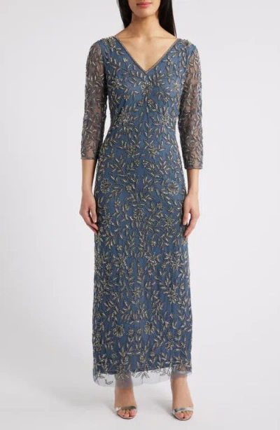 Pisarro Nights Floral Beaded Sheath Gown In Grey