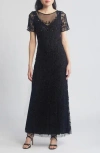 Pisarro Nights Floral Beaded Short Sleeve A-line Gown In Black