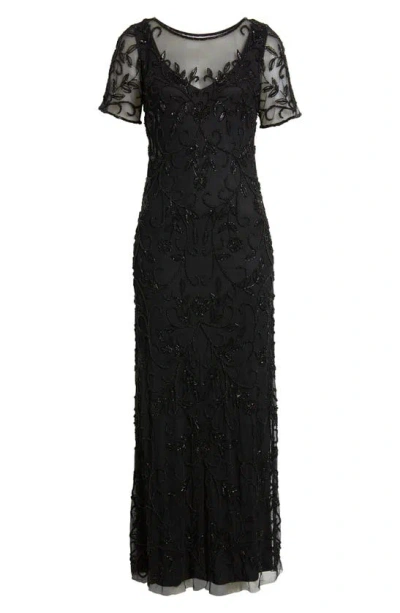 Pisarro Nights Floral Beaded Short Sleeve A-line Gown In Black