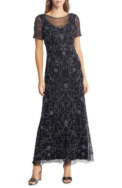Pisarro Nights Floral Beaded Short Sleeve A-line Gown In Black/gunmetal 068