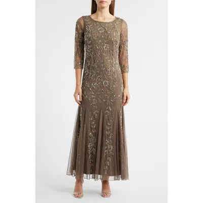 Pisarro Nights Floral Beaded Tulle Gown In Brown