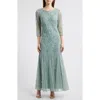 Pisarro Nights Floral Beaded Tulle Gown In Soft Sage
