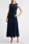 Pisarro Nights Geometric Beaded Sleeveless Gown In Navy