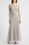 Pisarro Nights Geometric Beaded Sleeveless Gown In Silver 040