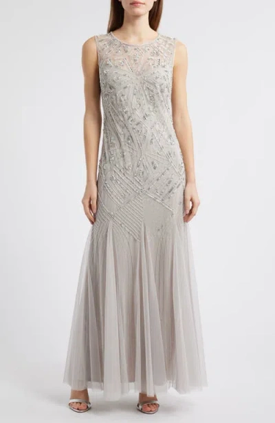 Pisarro Nights Geometric Beaded Sleeveless Gown In Silver 040