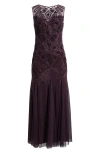 Pisarro Nights Geometric Beaded Sleeveless Gown In Wine
