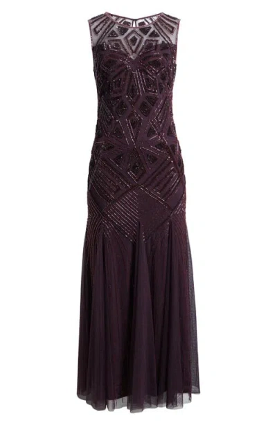 Pisarro Nights Geometric Beaded Sleeveless Gown In Wine