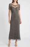 Pisarro Nights Illusion Beaded Mesh Column Gown In Aluminum