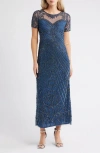 Pisarro Nights Illusion Beaded Mesh Column Gown In Blue