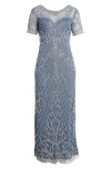 Pisarro Nights Illusion Beaded Mesh Column Gown In Grey