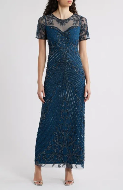 Pisarro Nights Illusion Beaded Mesh Column Gown In Peacock