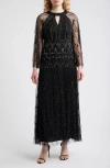 Pisarro Nights Illusion Long Sleeve Beaded A-line Gown In Black