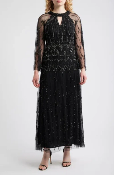 Pisarro Nights Illusion Long Sleeve Beaded A-line Gown In Black