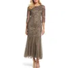 Pisarro Nights Illusion Sleeve Beaded A-line Gown In Brown