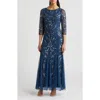Pisarro Nights Illusion Sleeve Beaded A-line Gown In Petrol Blue