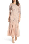 Pisarro Nights Illusion Sleeve Beaded A-line Gown In Blush