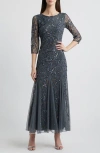 Pisarro Nights Illusion Sleeve Beaded A-line Gown In Jbs Smoke