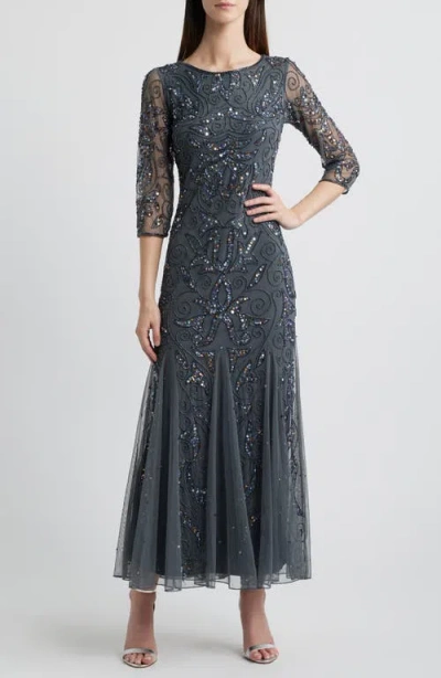 Pisarro Nights Illusion Sleeve Beaded A-line Gown In Jbs Smoke