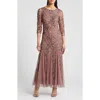 Pisarro Nights Illusion Sleeve Beaded A-line Gown In Mauve