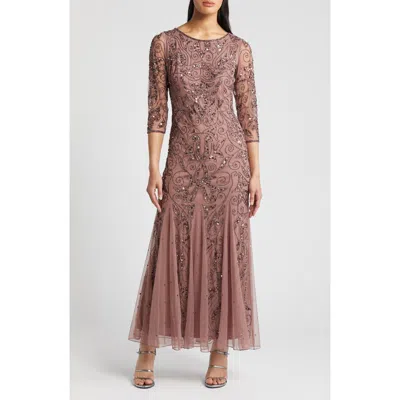 Pisarro Nights Illusion Sleeve Beaded A-line Gown In Mauve