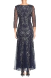 Pisarro Nights Illusion Sleeve Beaded A-line Gown In Navy