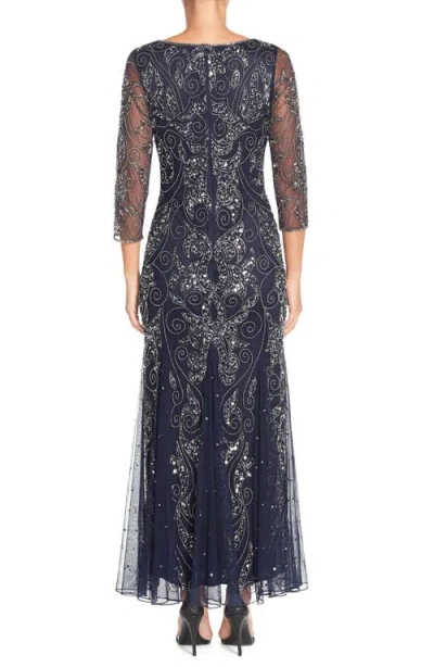 Pisarro Nights Illusion Sleeve Beaded A-line Gown In Navy