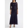 Pisarro Nights Illusion Sleeve Beaded A-line Gown In Purple