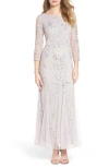 Pisarro Nights Illusion Sleeve Beaded A-line Gown In Silver