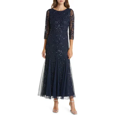 Pisarro Nights Illusion Sleeve Beaded A-line Gown In Blue