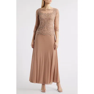 Pisarro Nights Pisaro Nights Beaded Mesh Mock Two-piece Gown In Neutral