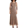 Pisarro Nights Sequin Beaded Illusion Mesh Three-quarter Sleeve Gown In Mocha