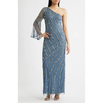 Pisarro Nights Sequin Beaded One-shoulder Gown In Blue