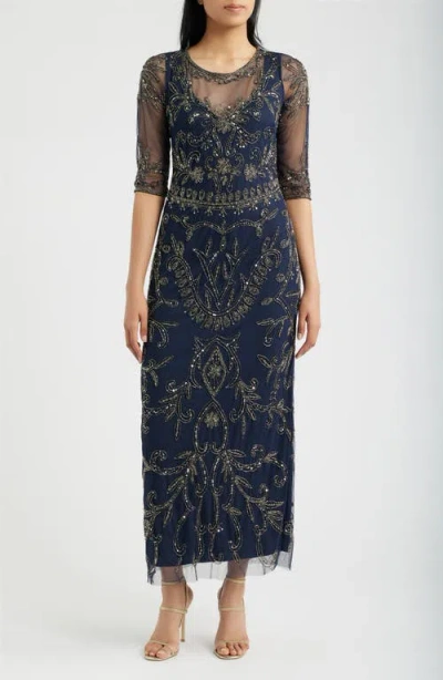 Pisarro Nights Sequin Illusion Gown In Navy 410
