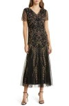 Pisarro Nights V-neck Embellished Mesh Gown In Black/gold