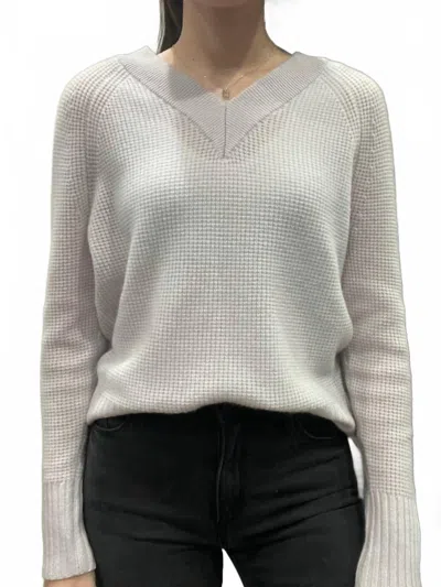 Pissenlit Cashmere V-neck Waffle Knit Sweater In Grey In White