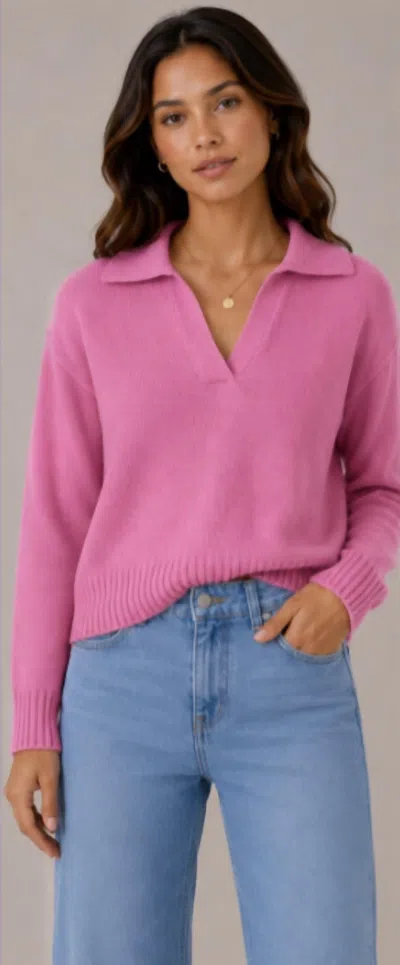 Pissenlit Cotton Cashmere V Neck Polo In Rose Pink