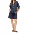 Pistache Linen Bermuda Shorts In Navy Blue In Blue