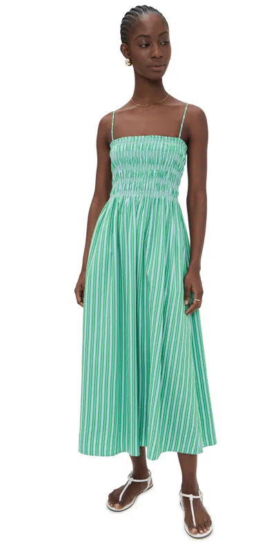 Pistola Bianca Shirred Bodice Dress In Green Blue Stripe