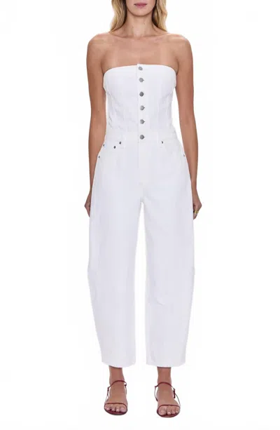 Pistola Daphine Strapless Denim Jumpsuit In White In Brown